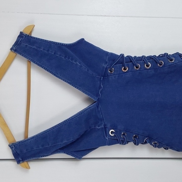 C'est Toi  Denim Mini Dress Deep V Side lace up grommets  Edgy sexy  Sz.S - Picture 2 of 10